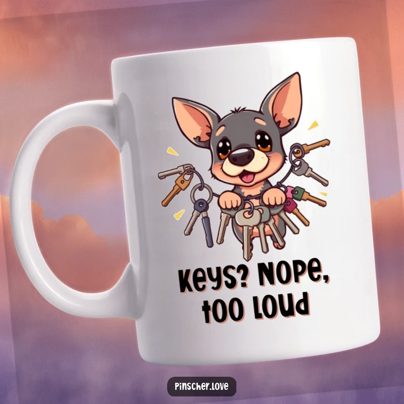 Funny surprised Pinscher dog recoiling dramatically from a noisy bunch of jingling keys, printed on a mug.