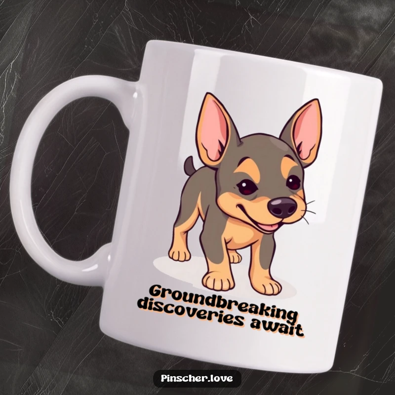 Funny Pinscher mug, dog with determined expression joyfully sniffing the ground, curious pet, humorous exploration gift.
