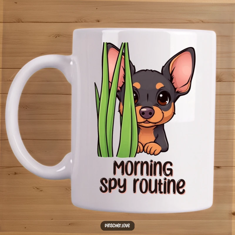 Funny curious pinscher mug showing a small dog peeking from behind tall grass with an adorable, inquisitive expression. Cute and humorous.