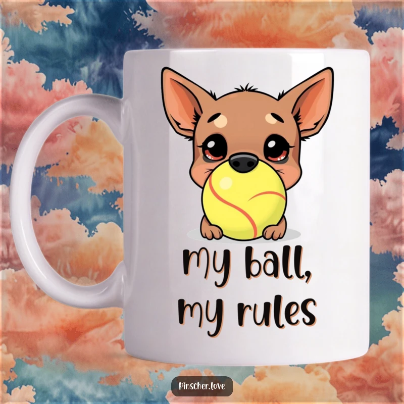 Funny Pinscher Mug: A happy pinscher joyfully buries its nose deep into a comically large tennis ball, showcasing pure canine delight.