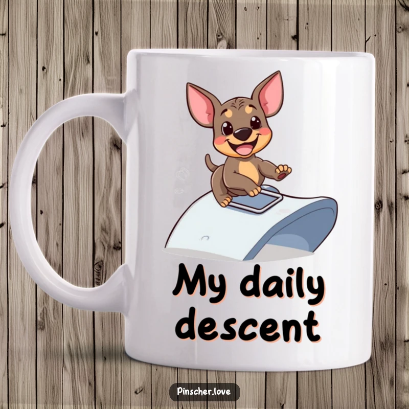 Funny mug featuring a happy Pinscher dog gleefully sliding down a playful ramp, capturing pure, unadulterated doggy delight.