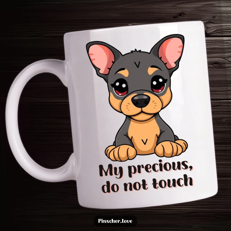 Funny Pinscher Mug: An alert Pinscher stands guard over a plush toy, showcasing protective instincts with a humorous touch.