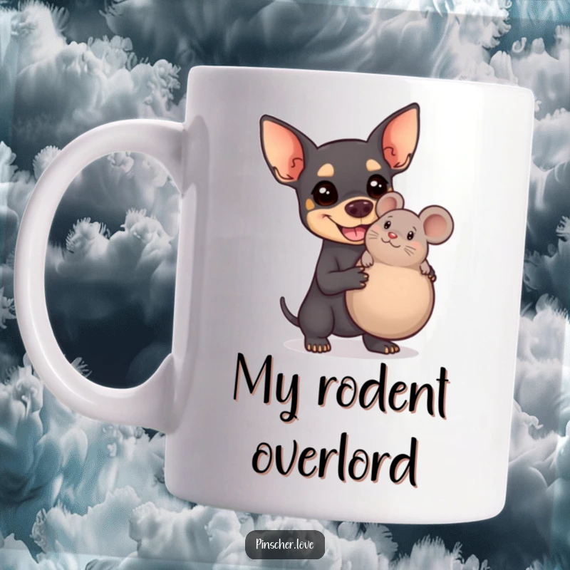 Funny Pinscher mug with a big smile holding a huge squeaky toy mouse, radiating pure doggy happiness and playful energy.