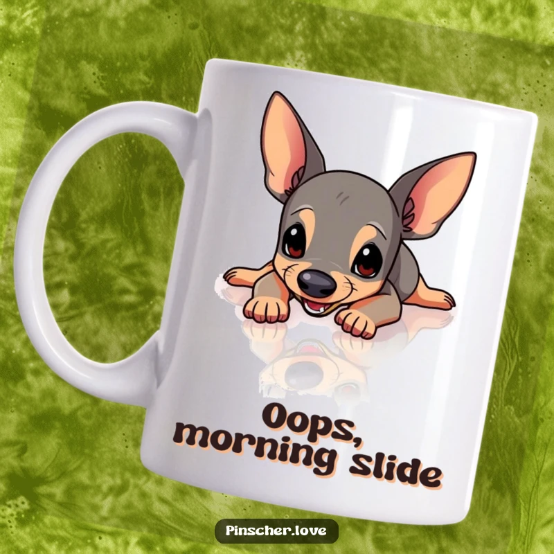 Funny Pinscher mug featuring a Pinscher dog comically losing its footing and slipping on a super slick, polished floor.