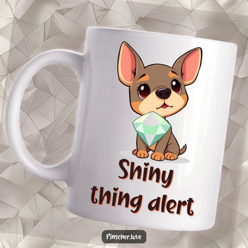 Funny Pinscher Dog Mug with a pinscher tilting its head curiously at a large, sparkling gem, expressing wonder.