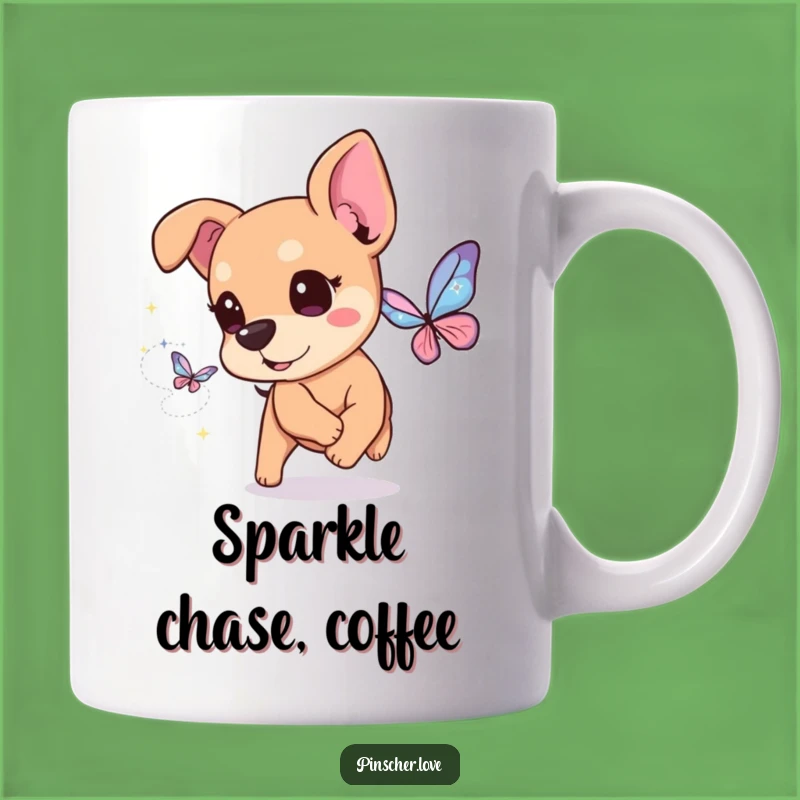 Funny Sparkling Pinscher Butterfly Chase Mug: Magical Gift for Dog Lovers