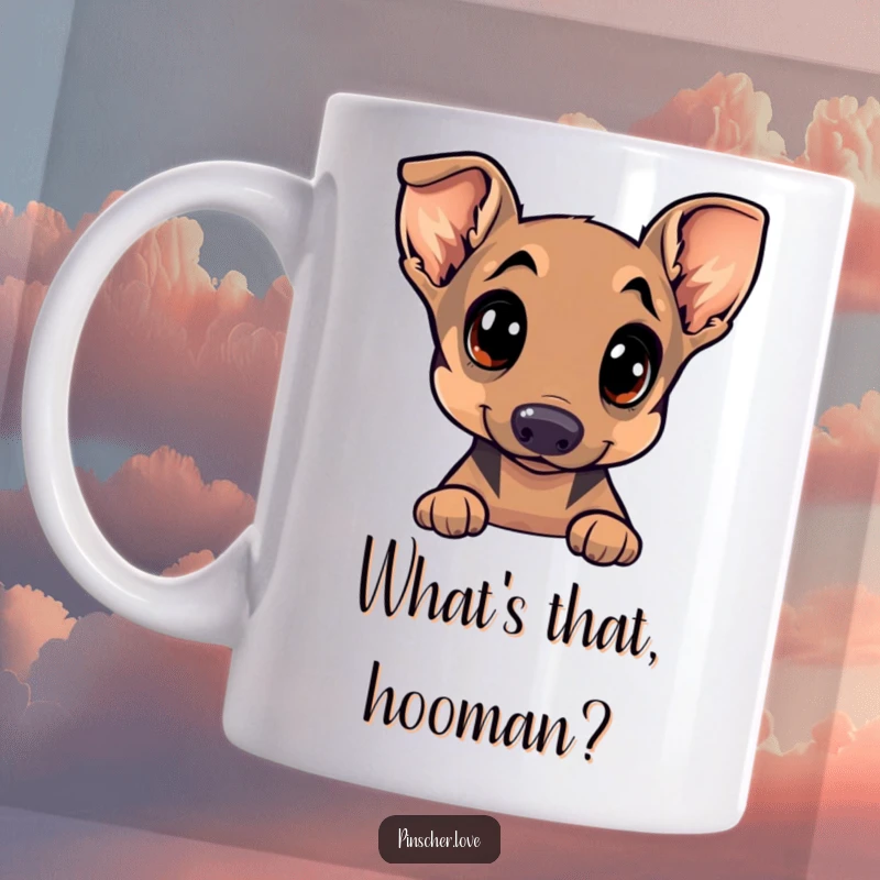 Funny Pinscher mug featuring a dog with wide, curious eyes and a charmingly tilted head, exuding playful innocence and charm.