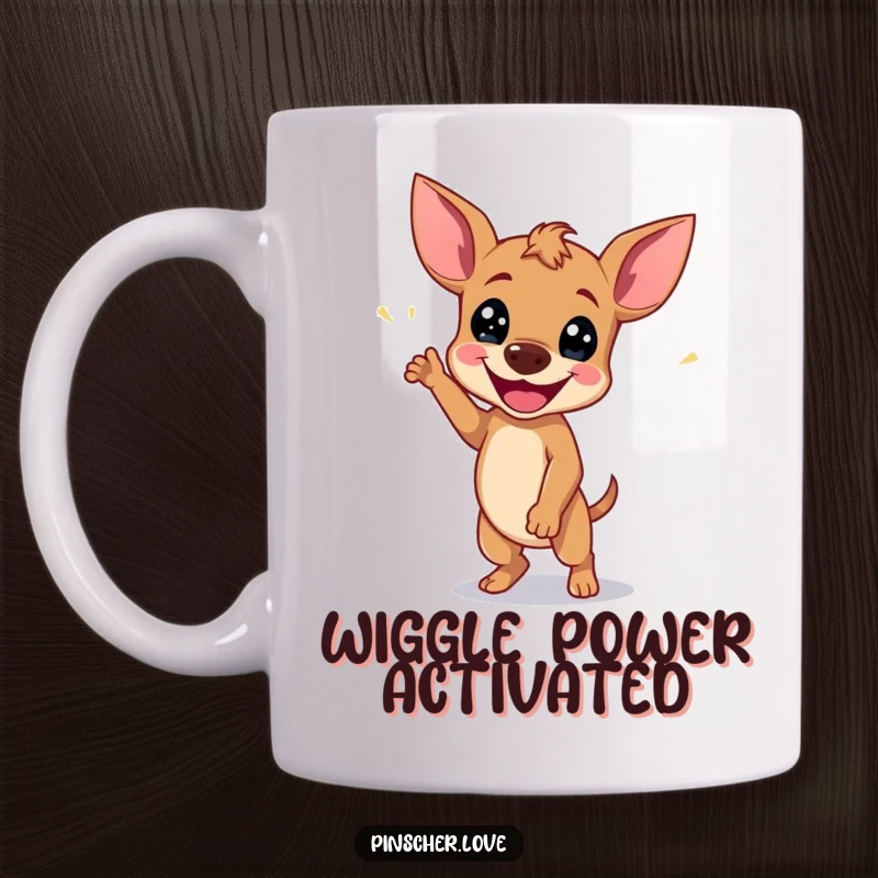 Funny Pinscher Mug: A dog does a happy wiggle dance, radiating pure, infectious joy and uncontainable happiness.