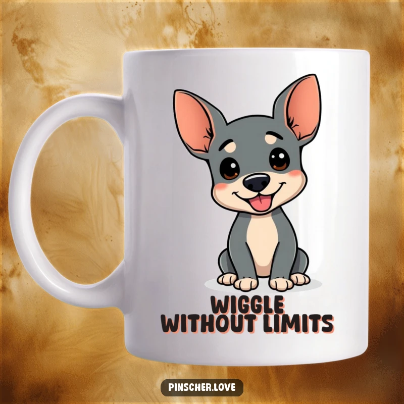 Funny mug featuring a Pinscher dog with a wagging stump, doing a comical happy wiggle, capturing infectious doggy enthusiasm.