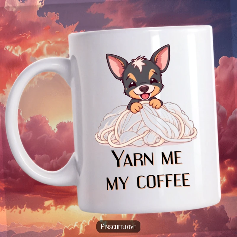 Funny Pinscher mug depicting a joyful Pinscher dog enthusiastically digging into a large pile of soft, fluffy yarn.