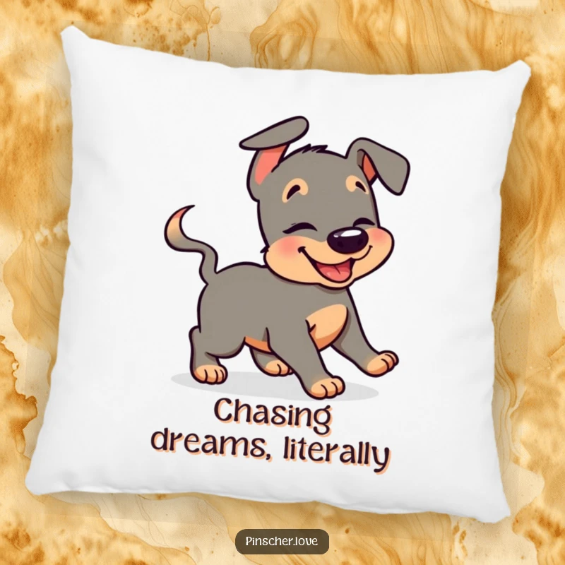 Funny pinscher pillow depicting a giggling dog in a comical, circular chase of its wagging tail, offering soft, humorous comfort.