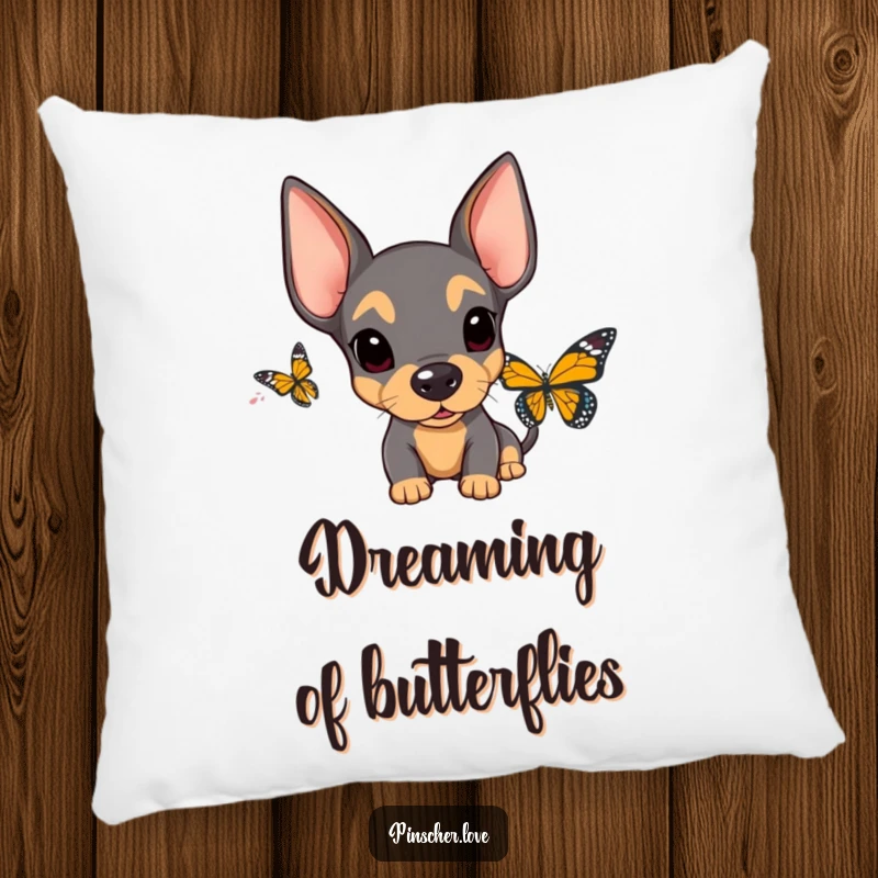 Funny Surprised Pinscher Pillow: A soft, decorative pillow showcasing a pinscher with comically surprised expression and floppy ears at a butterfly.