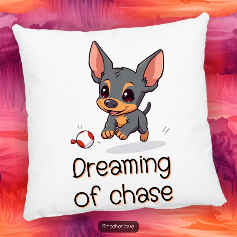 Funny pinscher pillow featuring an energetic pinscher dog determinedly chasing a small, fleeing toy, providing comfort and humor.