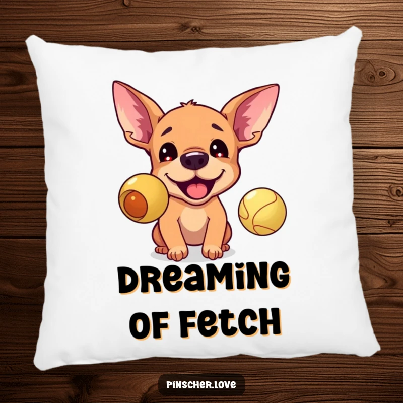 Funny pillow design of a pinscher with ears perked, barking with all its might at a bouncing ball, perfect for dog-themed decor.