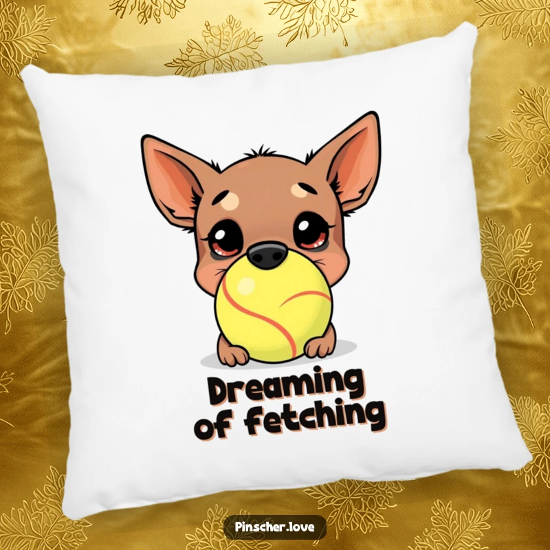Funny Pinscher Pillow: A happy pinscher buries its nose into a comically large tennis ball, offering a soft and humorous decorative touch.