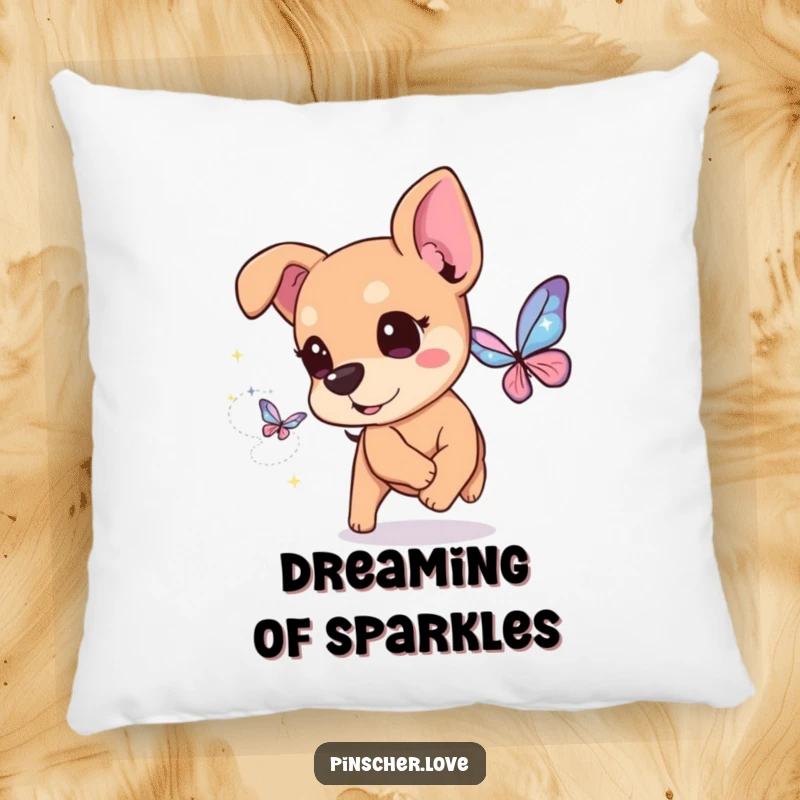 Funny Pinscher Pillow: A happy pinscher dog with twinkling eyes chases a butterfly made of glowing, magical sparkles.