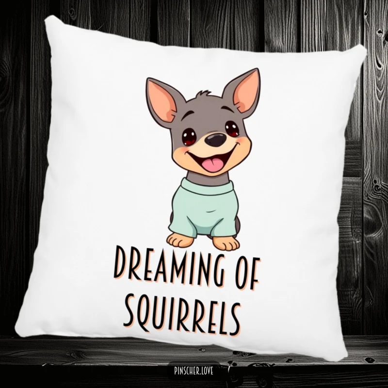 Funny Pinscher Pillow: A dog tilts its head with a happy pant, offering comfort and a dose of adorable, comical charm.