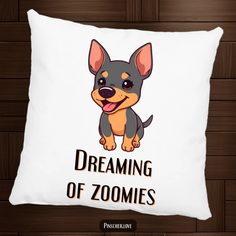 Funny pillow design of an energetic Pinscher barking with perked ears and a furiously wagging tail, ideal for decor.