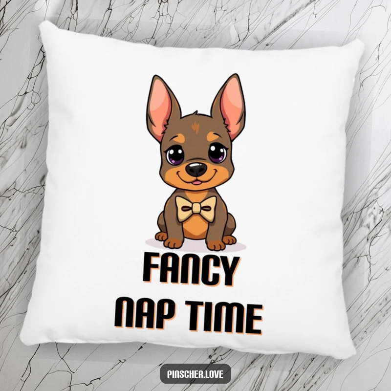 Funny pillow with a Pinscher dog wearing a bowtie, posing proudly, soft and decorative, perfect funny gift for elegant home decor.