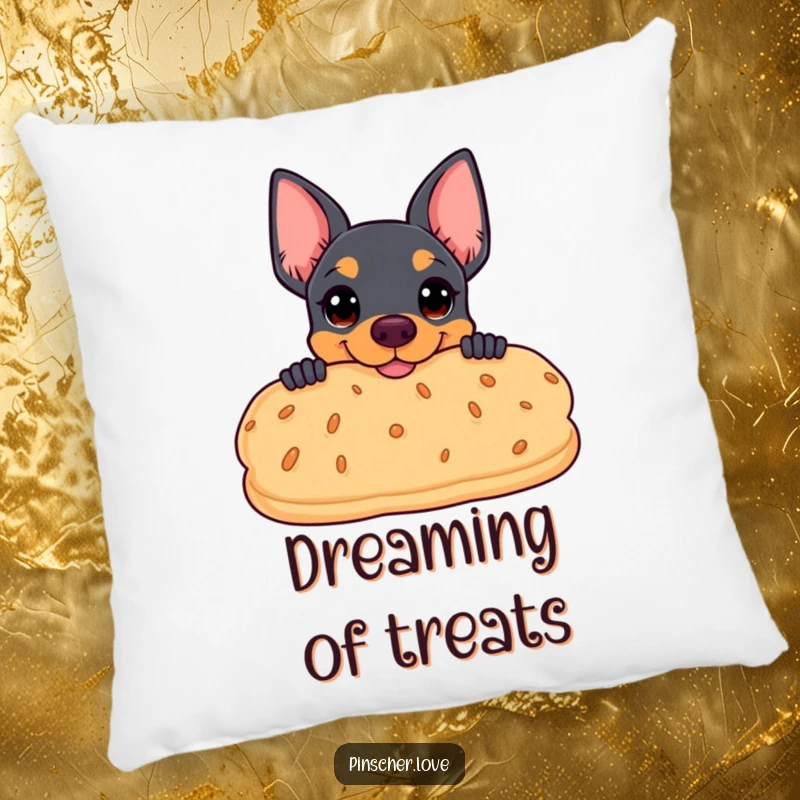 Funny pillow design featuring a pinscher coyly peeking from behind a giant, smiling biscuit, adding a playful touch to decor.
