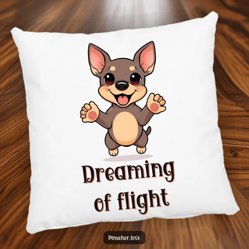 Funny pillow design featuring a pinscher in a happy jump, front paws reaching upwards, bringing cheerful energy to decor.