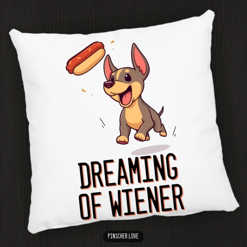 Funny Pinscher dog pillow, depicted mid-yip while joyfully chasing a flying hotdog with extreme focus and enthusiasm.