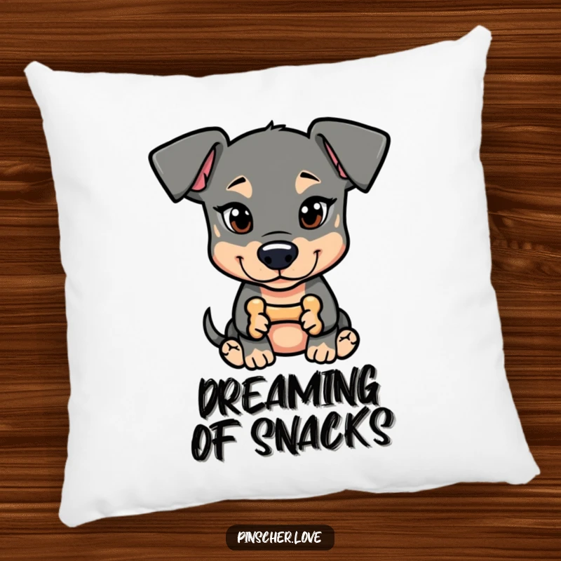 Funny Pinscher Pillow: A dog with a mischievous glint holds a tiny bone, offering comfort with a dose of playful naughtiness.