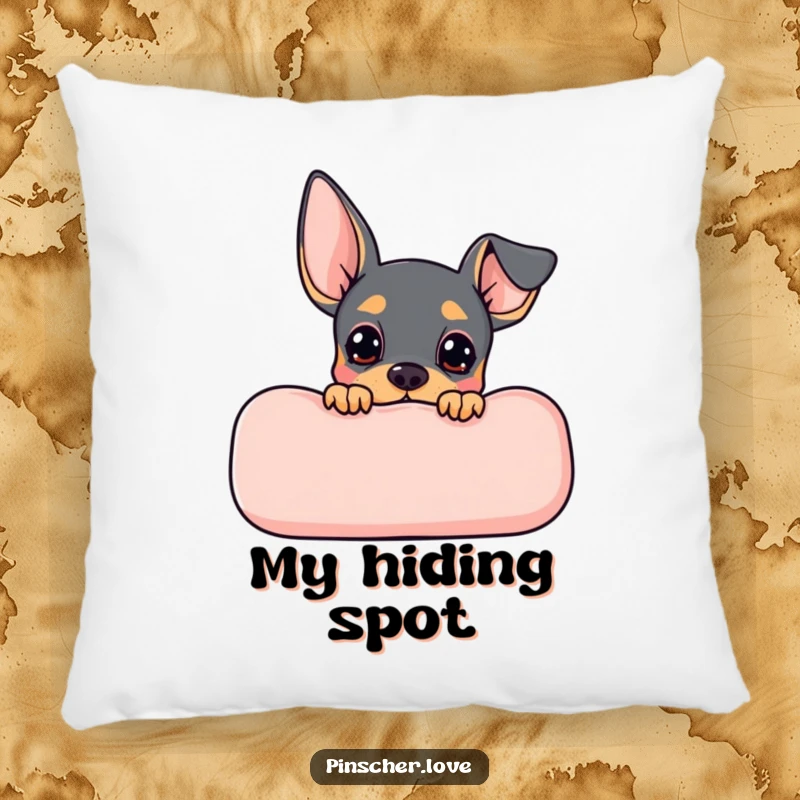Funny Pinscher pillow featuring a cute dog peeking from behind a soft cushion, radiating anticipation and cozy charm.