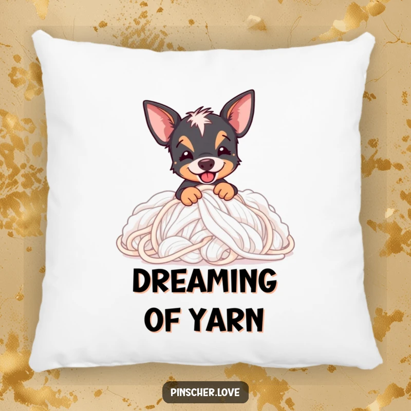 Funny Pinscher pillow featuring a Pinscher dog happily digging into a mountain of soft, fluffy yarn, perfect for cozy spaces.