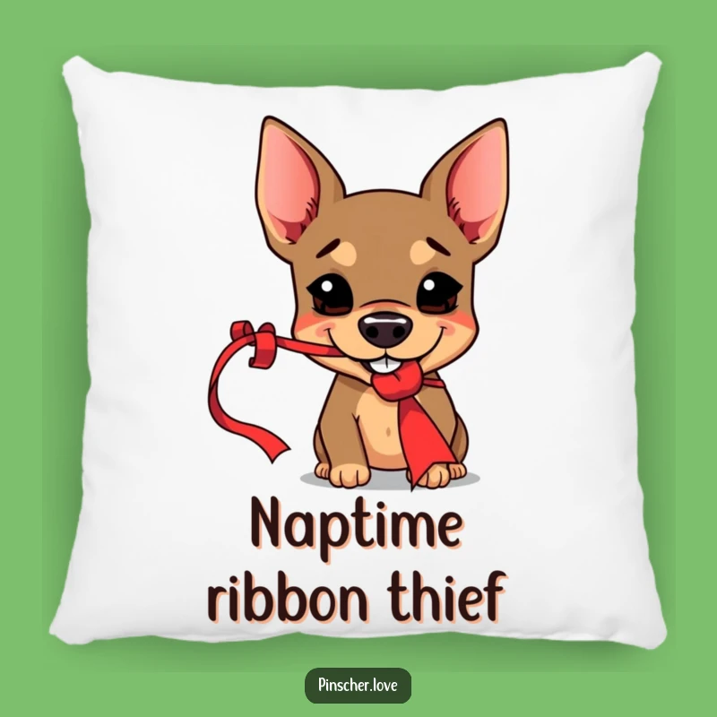 Funny Pinscher Pillow - Cozy Mischief with Red Ribbon - Soft Humorous Decor