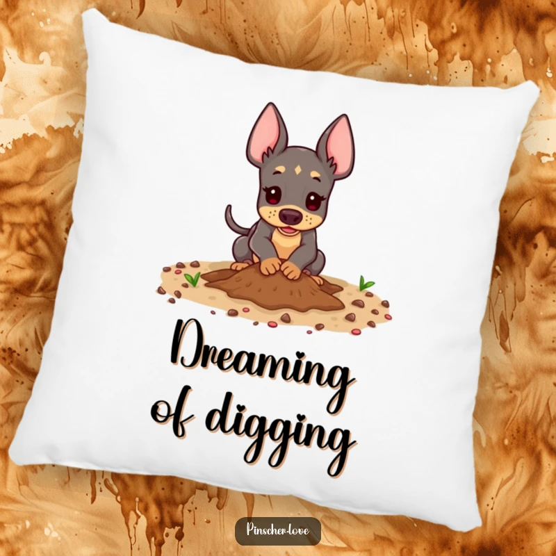 Funny Pinscher Pillow - A soft pillow showcasing a playful pinscher dog digging enthusiastically in the dirt, perfect for adding cozy dog-themed humor.