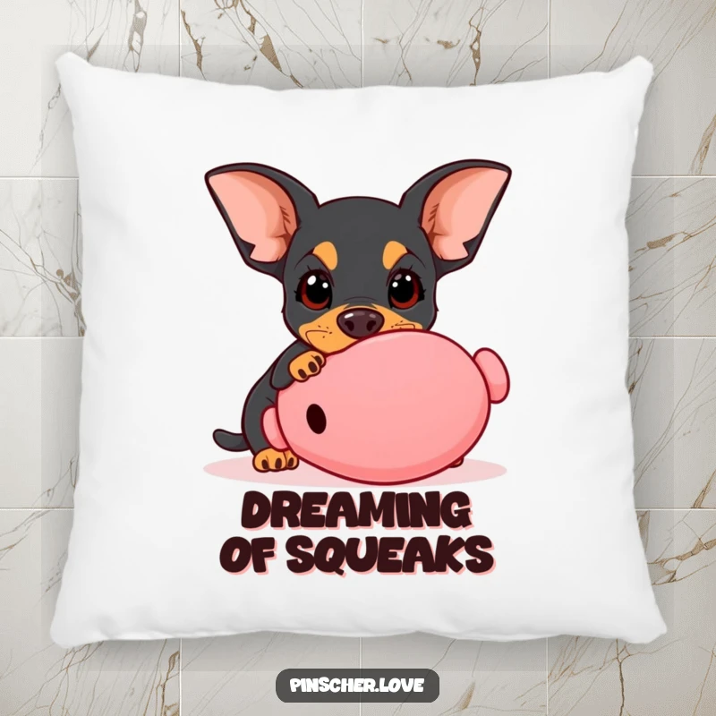 Funny Pinscher pillow, soft cushion with dog with wide innocent eyes playfully nudging a giant squeaky toy, playful pet decor, gift.