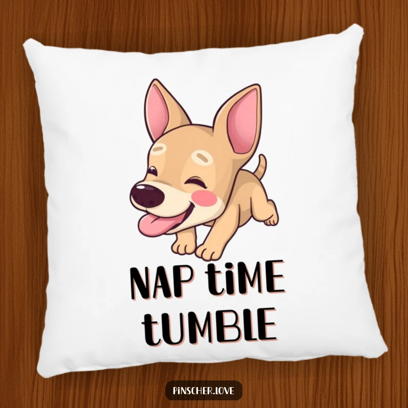 Funny Pinscher pillow, soft cushion with dog character tumbling forward with its tongue hanging out, goofy pet decor, gift.