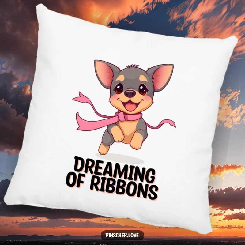 Funny pinscher puppy pillow, showing a small dog enthusiastically chasing a ribbon. Soft, cuddly, and humorous home accent.