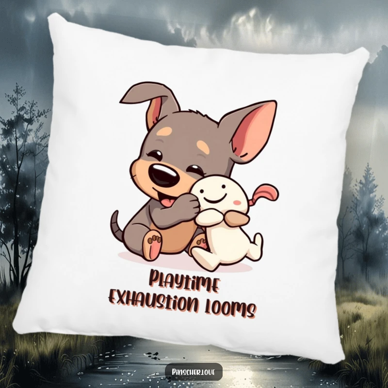 Funny Pinscher Pillow: A playful dog wrestles a squeaky toy, offering comfort and a humorous touch of energetic fun.