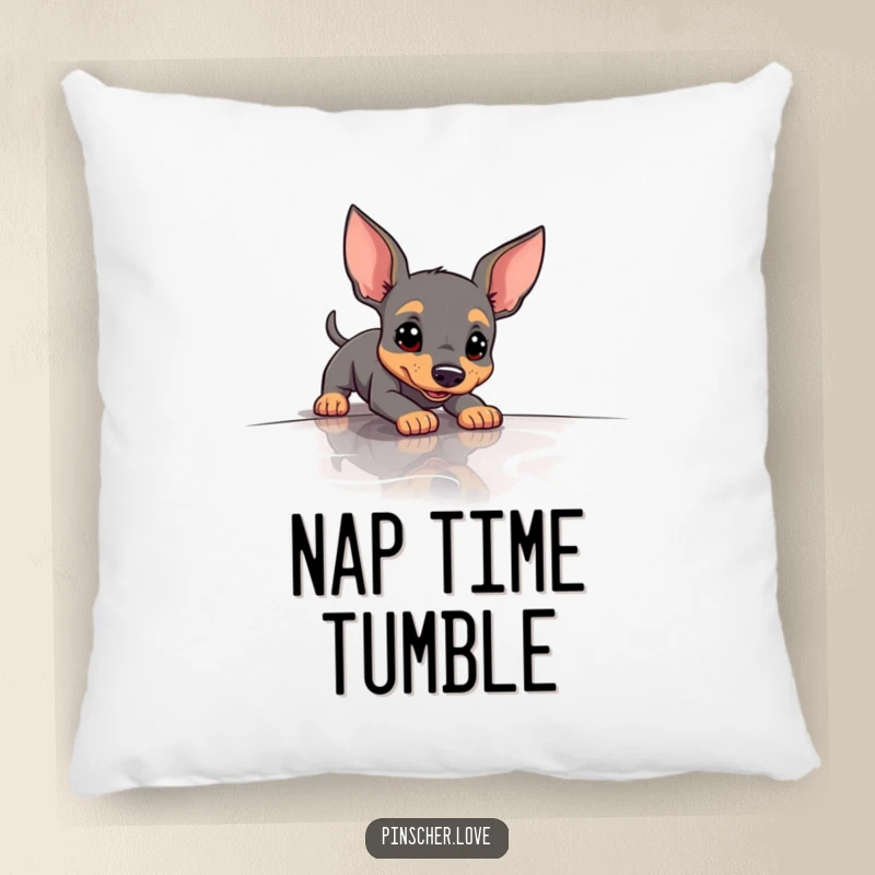 Funny Pinscher Pillow designed with a dog comically slipping on a polished surface, offering comfort and humor.