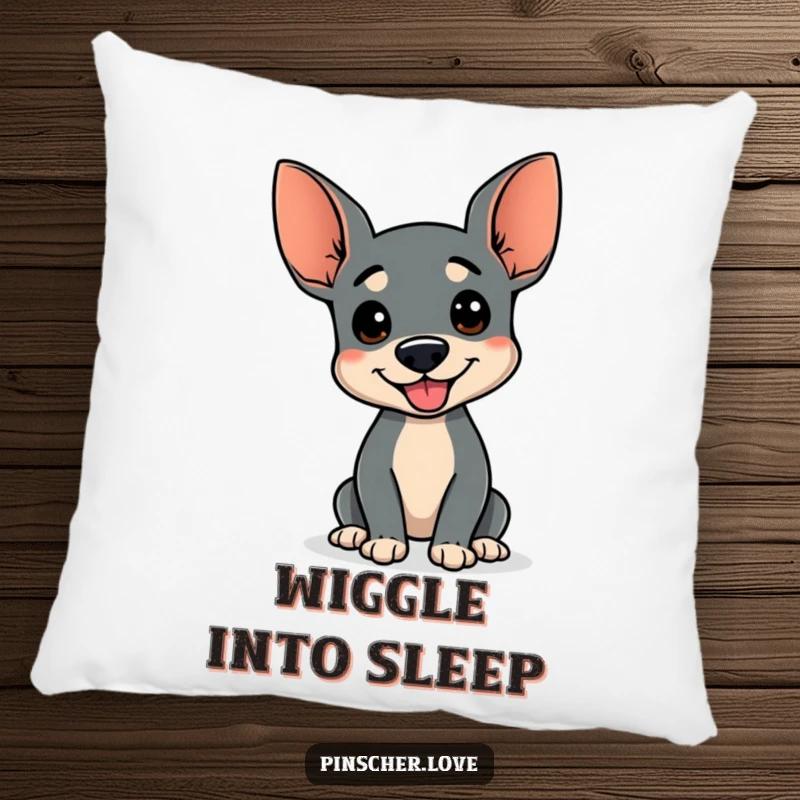 Funny pillow with a happy Pinscher dog doing a wiggle, wagging stump, soft and decorative, perfect funny gift for comfort and joy lovers.