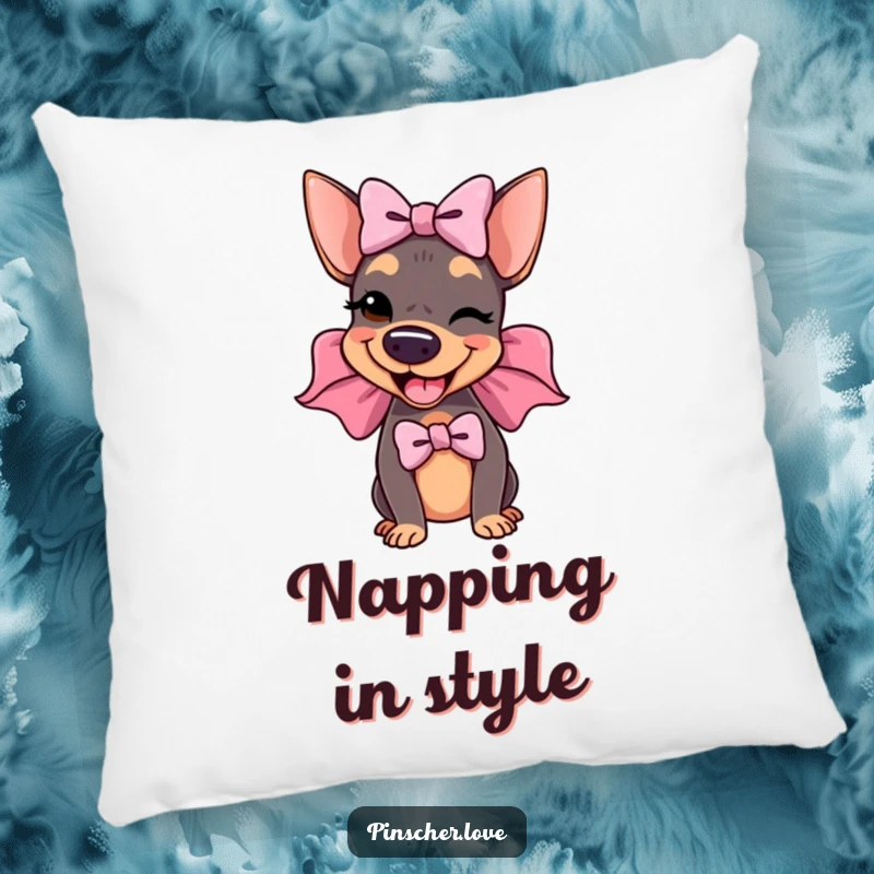 Funny Pinscher Pillow: A delighted pinscher wears a huge, floppy bow and winks, adding a touch of playful charm and humor to any cushion.