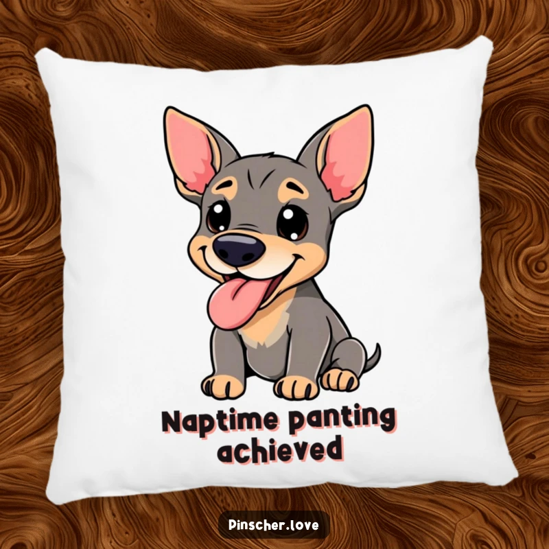 Funny Pinscher Pillow - A soft pillow showcasing a happy pinscher dog panting with its tongue lolling out, perfect for adding cozy dog-themed humor.