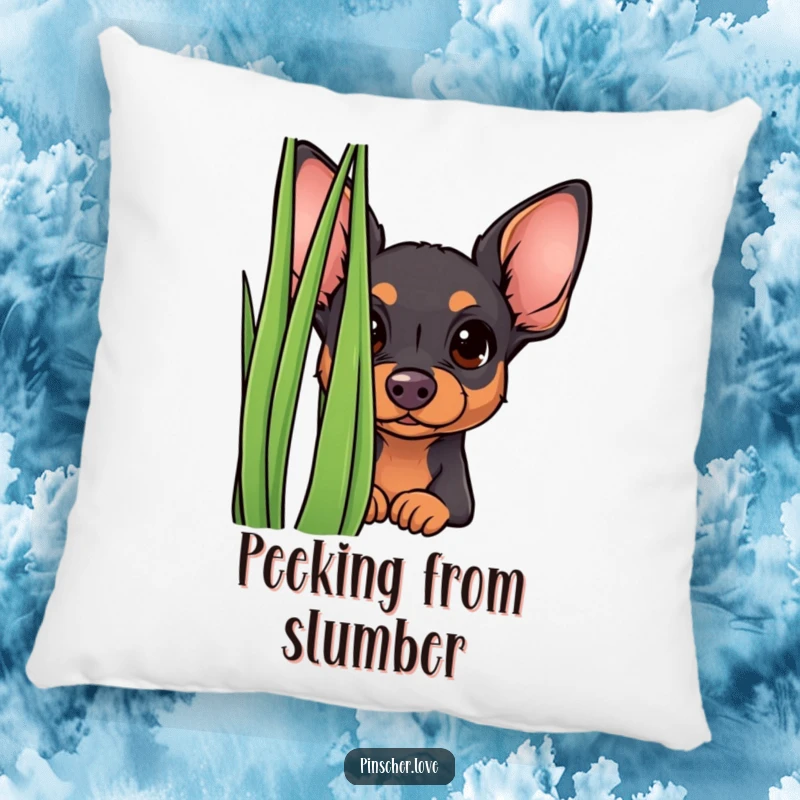 Funny curious pinscher pillow, depicting a small dog peeking from behind grass. Soft, humorous, and adds a touch of whimsy.
