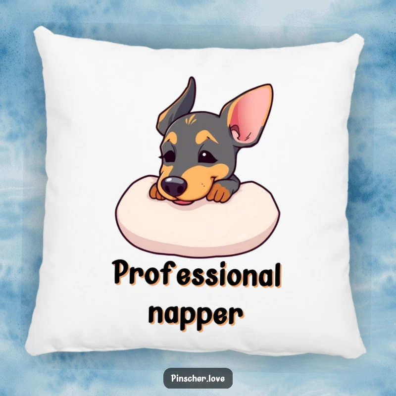 Funny decorative pillow with a Pinscher resting its chin on a soft, fluffy cushion, sighing contently.