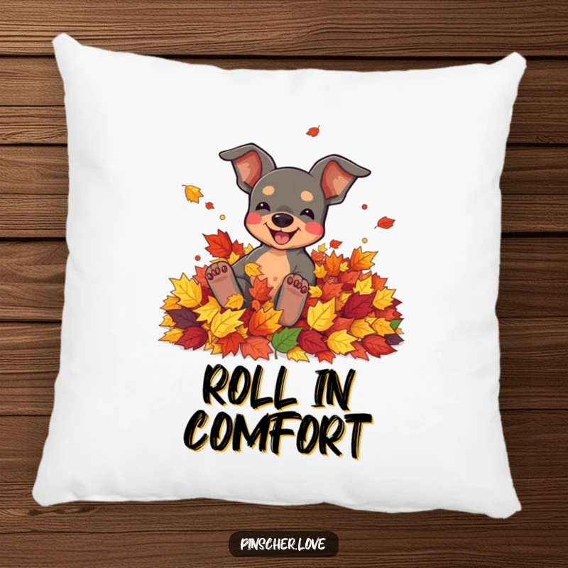 Funny pillow depicting a pinscher character joyfully rolling in a pile of colorful autumn leaves.