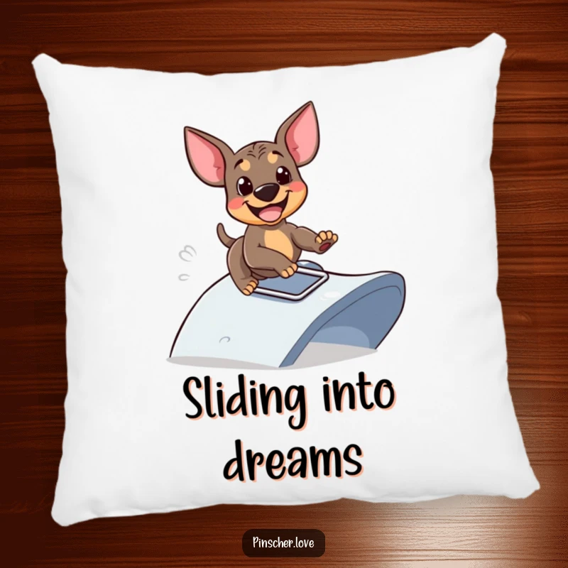 Funny pillow with a happy Pinscher dog sliding down a ramp, soft and decorative, perfect funny gift for comfort and fun lovers.