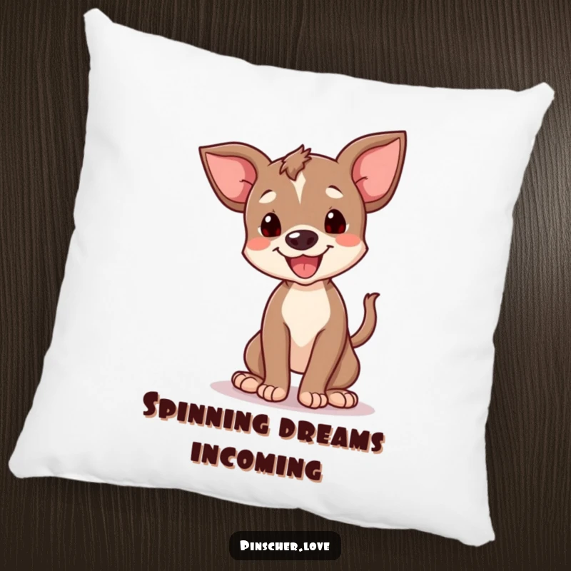 Funny happy pinscher cub pillow, depicting a small dog doing a funny spin with its tail. Soft, humorous, and brings cheer.