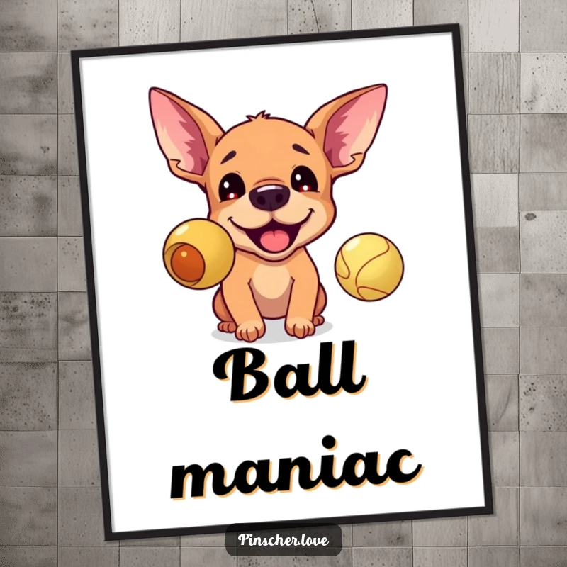 Funny digital art print of an excited pinscher energetically barking at a bouncing ball, perfect for vibrant dog-themed decor.