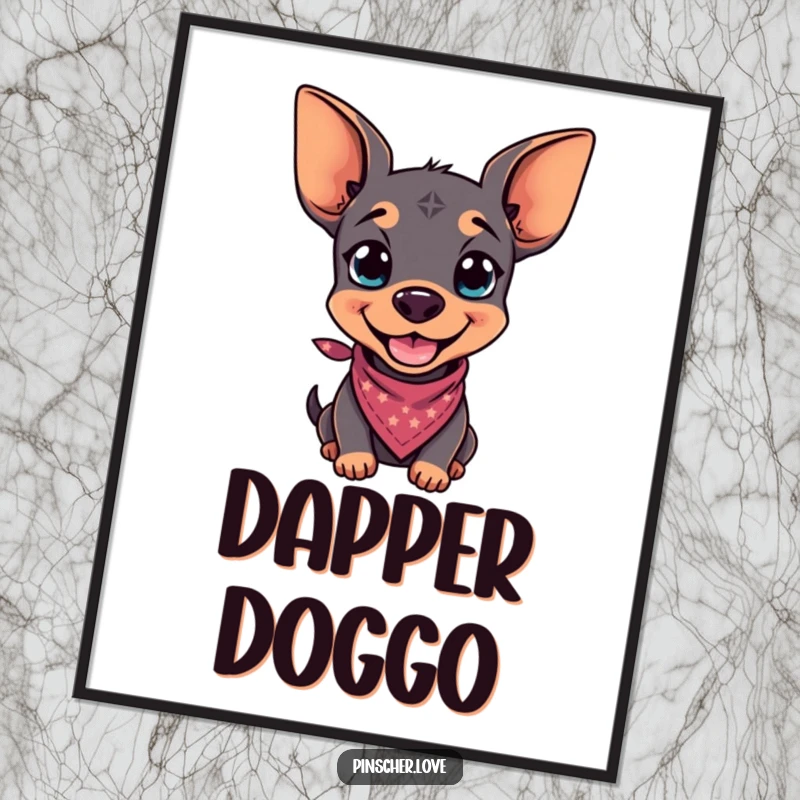 Funny digital art print of a pinscher with a playful grin and a tiny bandana, perfect for stylish, cool dog-themed decor.