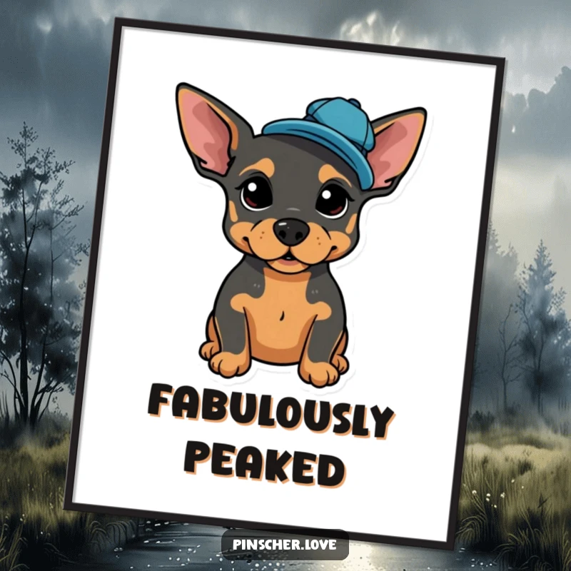 Funny digital art print of a proud Pinscher posing, wearing a tiny, jaunty cap tilted to the side.