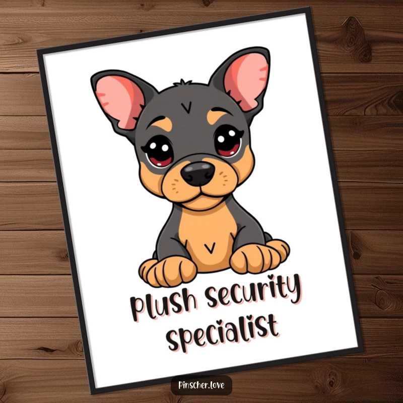 Funny Pinscher Digital Art Print: An alert Pinscher guarding a plush toy, showcasing humorous loyalty for instant wall art.