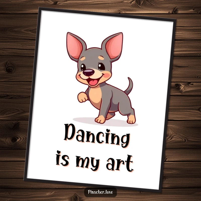Funny Pinscher Dance Digital Art: High-resolution art of a pinscher performing a joyful dance, tail a blur, conveying uncontainable happiness.