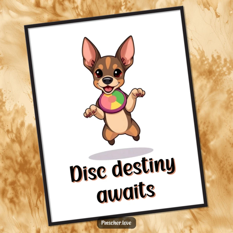Funny Pinscher digital art print of a determined dog mid-leap, eyes focused on a colorful flying disc, delivering dynamic humor.